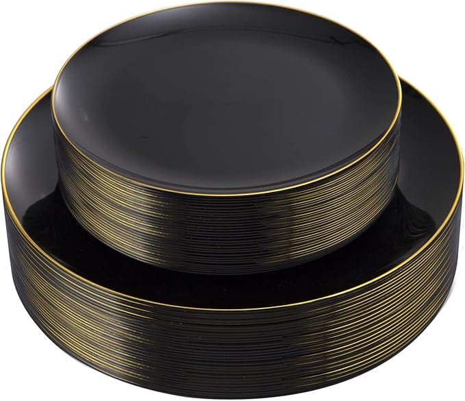 KIRE 60PCS Black Plastic Plates - Black Disposable Plates with Gold Rim for Party/Graduation - Include 30Pcs 10.25inch for Dinner and 30Pcs 7.5inch for Dessert