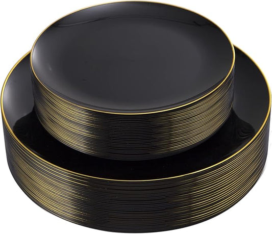 KIRE 60PCS Black Plastic Plates - Black Disposable Plates with Gold Rim for Party/Graduation - Include 30Pcs 10.25inch for Dinner and 30Pcs 7.5inch for Dessert