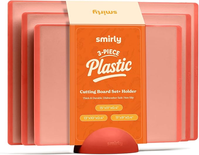 SMIRLY Plastic Cutting Board Set with Holder 3 Pieces, Non-Slip Dishwasher Safe Chopping Boards for Kitchen, Pink