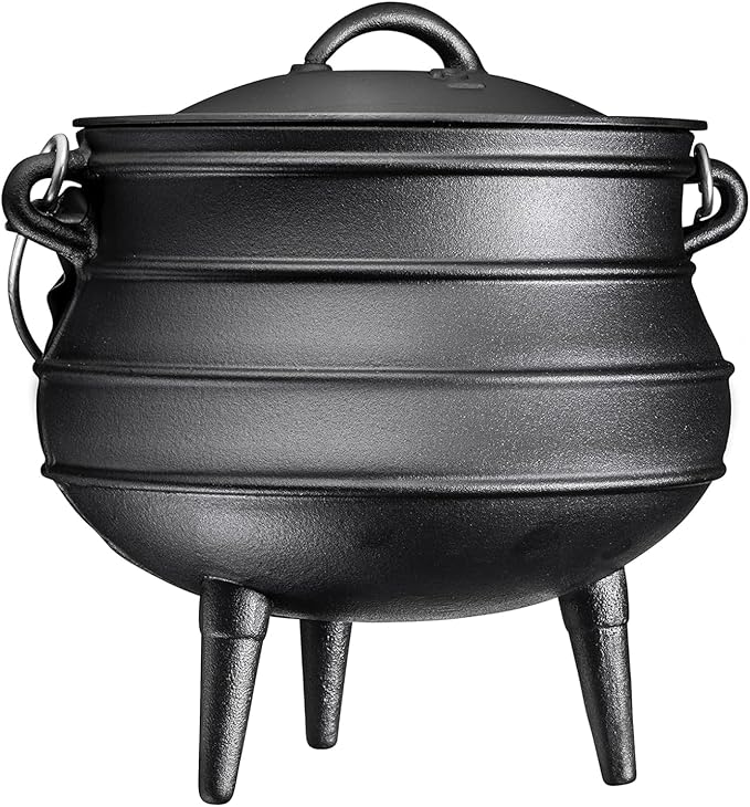 Bruntmor 12 Quart Cast Iron Dutch Oven Cauldron Pot - Camping Cookware with Lid - Pre-Seasoned Heavy-Duty Potjie for Stews, Soups, Braising, and Frying Over Fire Pit Grill or Camp Stove - Black