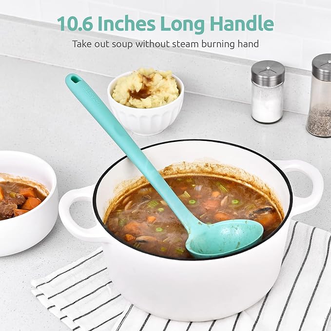 13 inch Silicone Soup Ladle: U-Taste 600ºF Heat Resistant 4 oz Large Non-stick Seamless Rubber Kitchen Deep Serving Spoon with Non-slip Solid Long Handle for Cooking Sauce/Stews/Gravies (Aqua Sky)