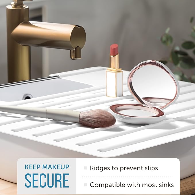 Maplefield Bathroom Sink Cover & Silicone Makeup Mat - White, 22 x 2 x 2 In - Heat Resistant to 400°F - Foldable Roll-Up Design with Raised Ridges - Space-Saving Countertop Mat