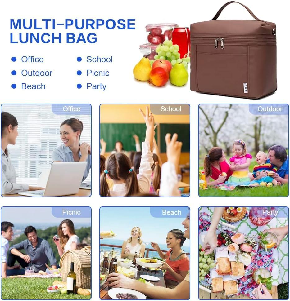 NOL Natural Organic Lifestyle Small Insulated Lunch Bags for Women Cooler Bag Lightweight Nylon Waterproof Lunch Box for Work（Small，coffee）