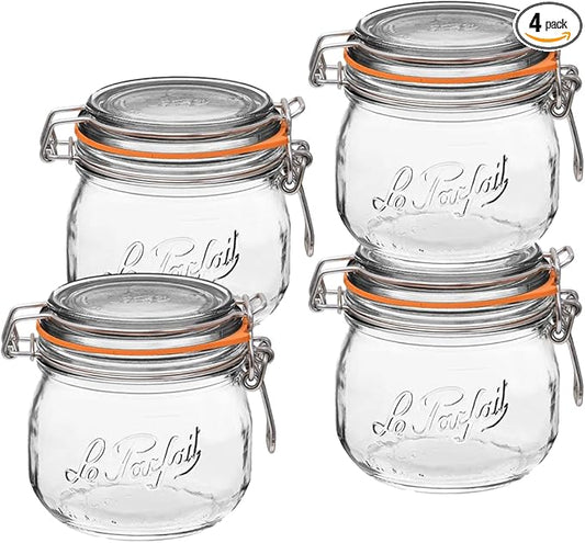 Le Parfait Super Jar, Canning Jars, 500mL French Glass Canning Jar w/Round Body, Glass Jars With Airtight Lid, Canning Jars Wide Mouth, Glass Jar w/Lid, Clear Jars, Clear Glass Jars (16oz/Pint, 4 pk)