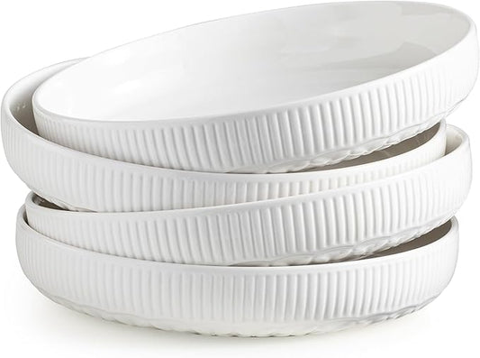 YHOSSEUN 9.75" Pasta Bowls Set of 4, 50 OZ Large Salad Serving Bowls Pasta Plates, White Soup Bowl for Kitchen Meal Prep, Ceramic Shallow Dishes Dinner Bowl, Clover Stripe