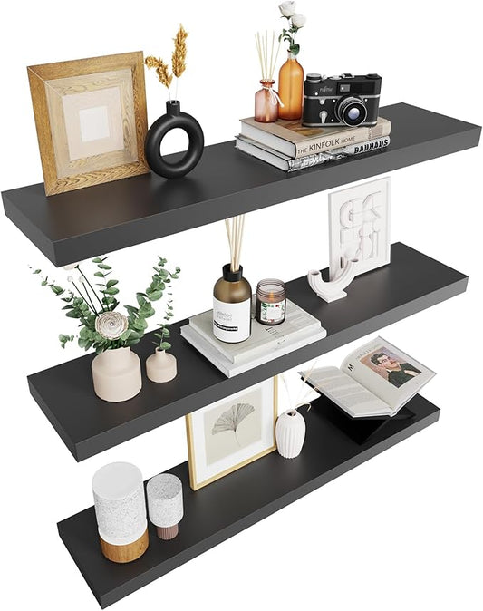 Colima Floating Shelves for Wall Black Wood Shelf for Bedroom, 36 Inch Wall Mounted Floating Shelves for Bathroom Living Room Kitchen Office, 1.3" Thick Floating Book Shelves for Wall, Set of 3