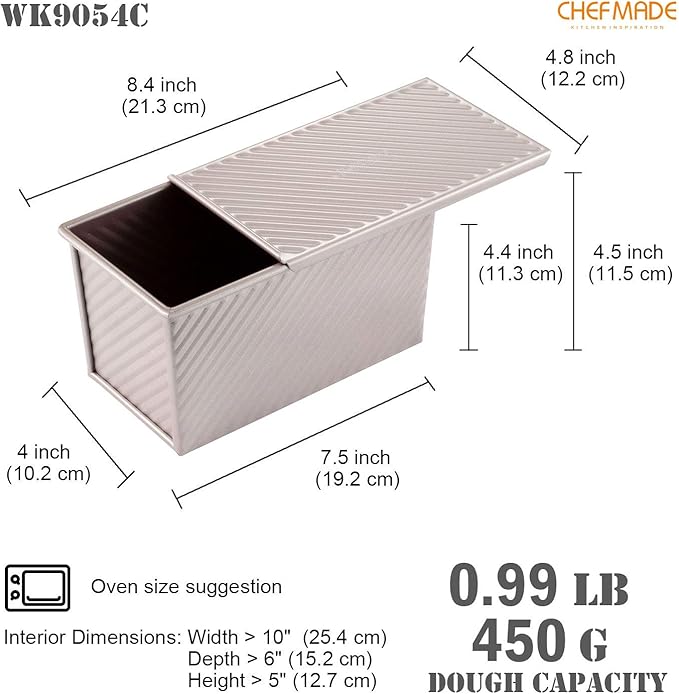 CHEFMADE Pullman Loaf Pan with Lid, 1Lb Dough Capacity Non-Stick Rectangle Corrugated Toast Box for Oven Baking 4.2" x 7.7"x 4.4"(Champagne Gold)