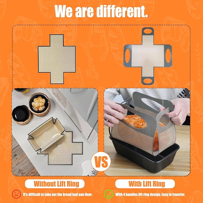 Reusable Silicone Bread Loaf Pan Liner, Food-Grade Silicone Bread Sling, Sourdough Bread Baking Mat, Non-Stick &Easy Clean Dough Transfer Tool, Fits 9x5" or 1.5lb Loaf Pans, Grey & Orange, 2PCS