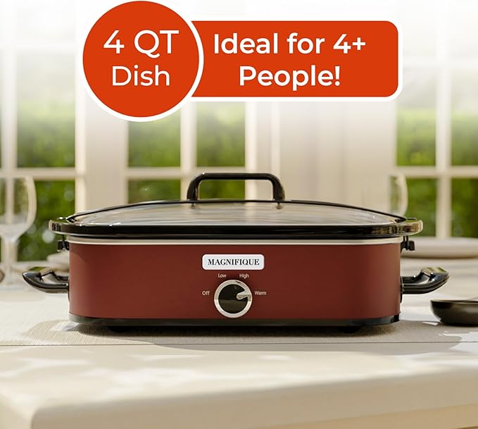 [NEW] MAGNIFIQUE 4-Quart Slow Cooker with Casserole Manual Warm Setting - Perfect Kitchen Small Appliance for Family Dinners, Dishwasher Safe Crock, Red