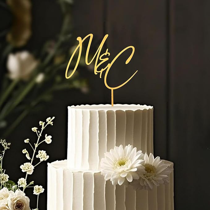 Personalized Wedding Cake Topper, Gold Cake Topper For Wedding, Rustic Weddings Cakes Topper, Personalized Acrylic or Wood Cake Decoration for Engagement, Anniversary, Bridal Shower 4