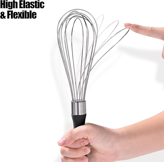 18/8 Stainless Steel Balloon Whisk, Doosu Kitchen Whisk for Cooking Handheld Egg Beater with Rust-Proof Sturdy Wires & Non-Slip Silicone Handle for Beating, Stirring, Blending (8 Wires, Black)