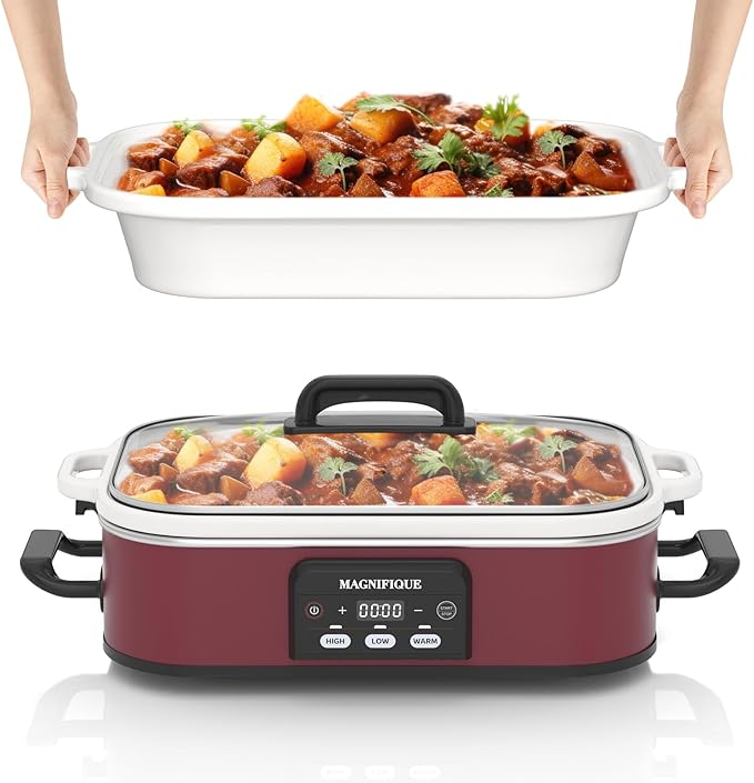 Magnifique 4 Quart Casserole Digital Slow Cooker, Premium Ceramic Bakeware for Oven, Dishwasher Safe Baking Dish, Red