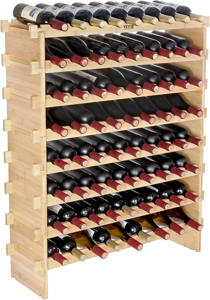VEVOR Stackable Modular Wine Rack, 8-Tier 72 Bottles, Freestanding Wines Holder Display Shelf, Solid Bamboo Wood Storage Racks, Wobble-Free Shelves for Kitchens, Dining Rooms, Cellars, Natural Color
