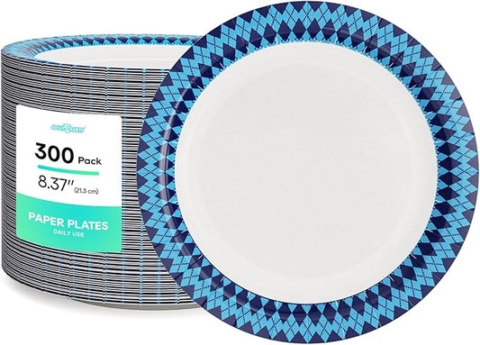 JOLLY PARTY 8.37 inch Disposable Paper Plates, 300 Count Dinner Plates, Soak Proof, Cut Proof for Everyday Use, Navy Diamond Pattern Rim Design