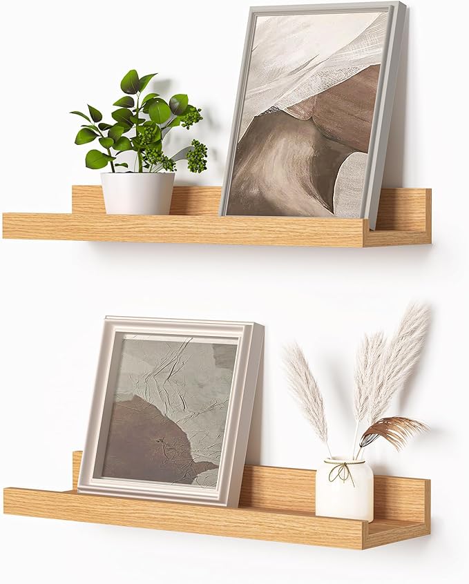 Heimlove Picture Ledge Shelf, Small Floating Shelves Set of 2, 16 Inches Picture Shelf for Wall with Ledge, Kids Bookshelf Wall Mounted for Living Room Bedroom Decor Books Photo Frames, Oak