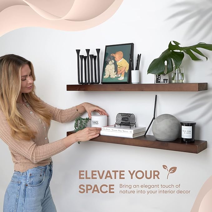 Homeforia Walnut 36 inch Floating Shelf, High End Solid Real Wood 36inch Large Shelves for Bathroom Wall, Dark Brown 36 inches Long Floating Shelves, Heavy Duty Bracket, 36 X 6.5 X 1.75 inch, Set of 2