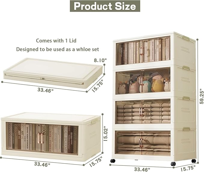 KHNR 4Packs Stackable Storage Bins with Lid, 36 Gal Closet Organizer and Storaging Drawer, Collapsible Storage Box with Wheels, Plastic Clothes Storage Cabinet Containers for Home and Office