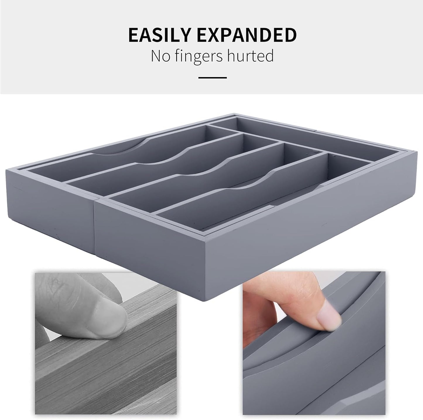 Expandable Bamboo Kitchen Drawer Organizer for Cutlery and Utensils, Adjustable Bamboo Wood Cutlery Tray in Drawer for Flatware and Silverware in Kitchen, (Grey)