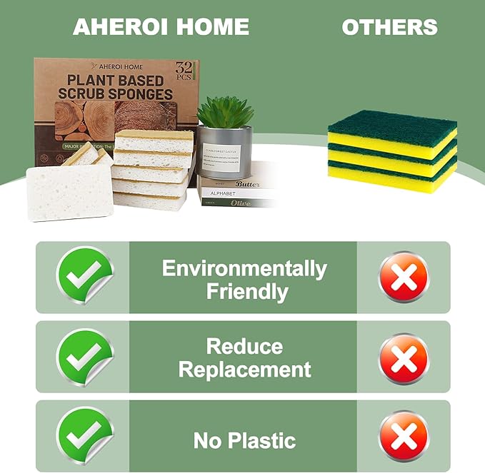 Aheroi Natural Dish Sponge, 32 Count Plant-Based Biodegradable Compostable Kitchen Sponges for Dishes Bulk, Organic Eco Friendly Cleaning Sponge for Bathroom, Household, Non Scratch Non Toxic