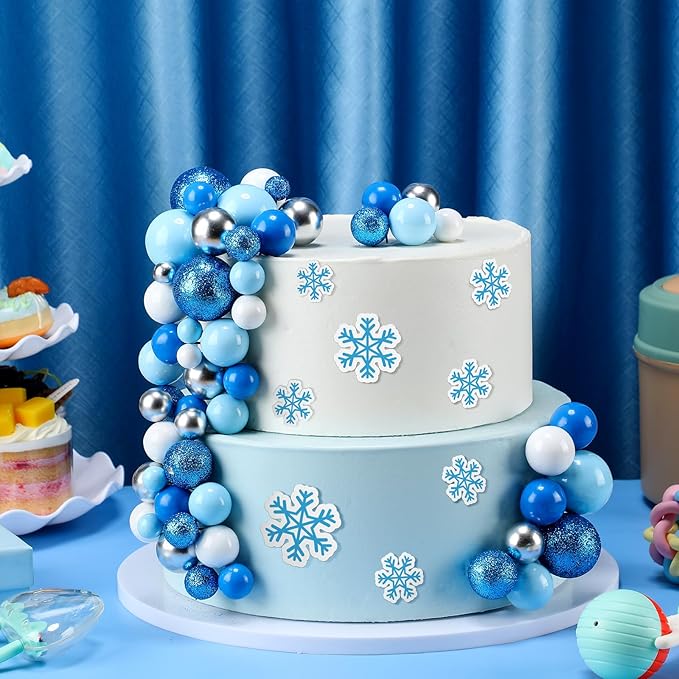 Tondiamo 108 Pcs Balls Cake Topper DIY Cupcake Insert Foam Balloons for Cake Baking Wedding Anniversary Birthday Decoration (Blue White Silver,Multi Sizes)