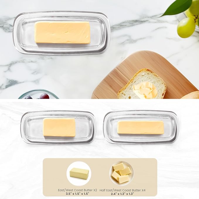 Small and Narrow Glass Butter Dish with Lid for Countertop Clear Crystal Butter Container for Counter Glass Butter Keeper with Cover Butter Tray for Refrigerator,Can hold 1x4oz Butter