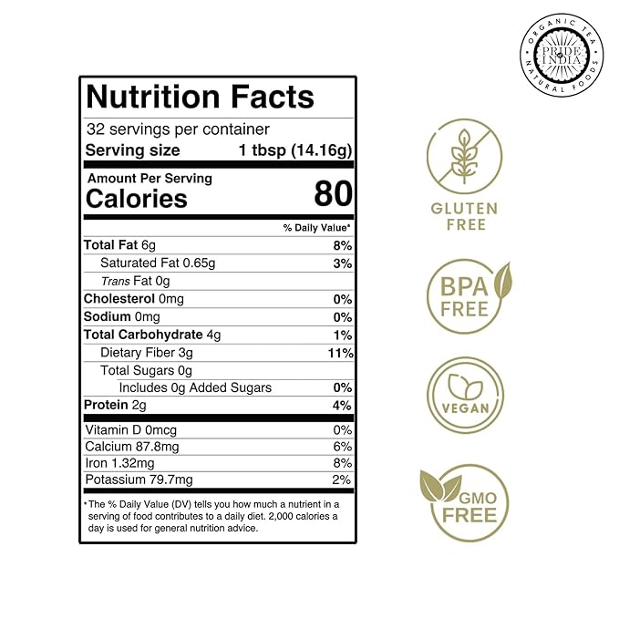 Pride of India- Triple Omega Superseed Flour 1 lbs (454 gm) Nutty Earthy Taste Milled in Small Batches | Chia Flax Sesame Seed mix | Ideal for Muffins Smoothies Oatmeal Pudding | Vegan, Gluten-Free