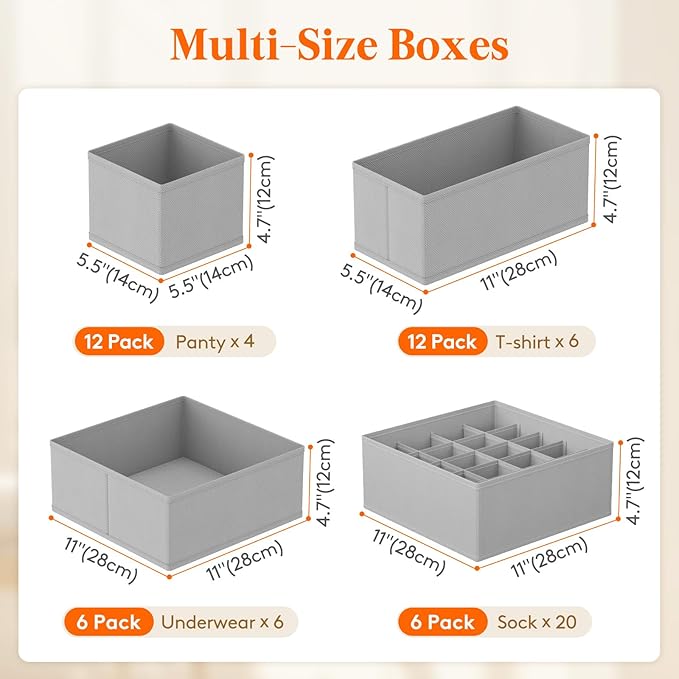 Lifewit Underwear Drawer Organizer for Closet 36 Pack, 3 Sizes Dresser Organizer Dividers, Deep Fabric Foldable Drawer Storage Organizer Bins for Clothes/Sock/Bra/Lingerie/Undies, Light Grey