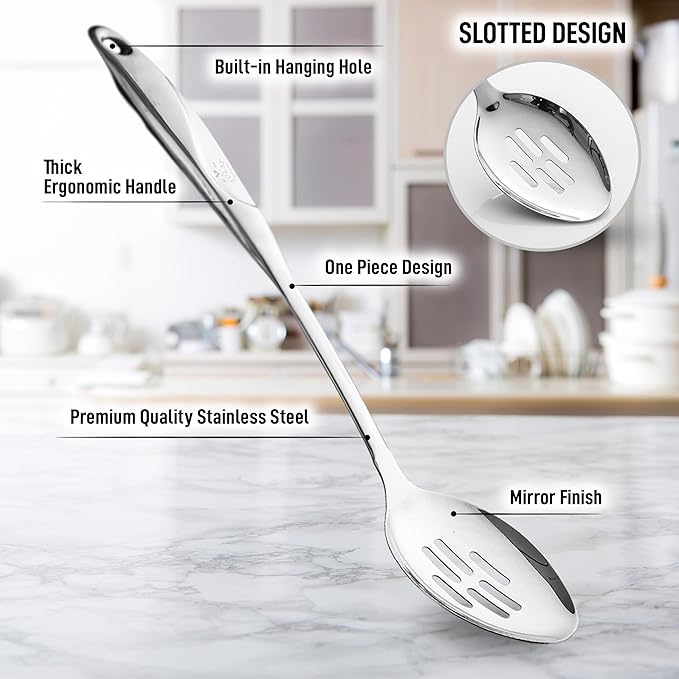 Zulay Kitchen Stainless Steel Slotted Spoon - Large Cooking Spoon - Durable Premium Stainless Steel with Comfortable, Ergonomic Handle - Easy to Clean - Perfect for At Home Cooking & Buffets - 15”
