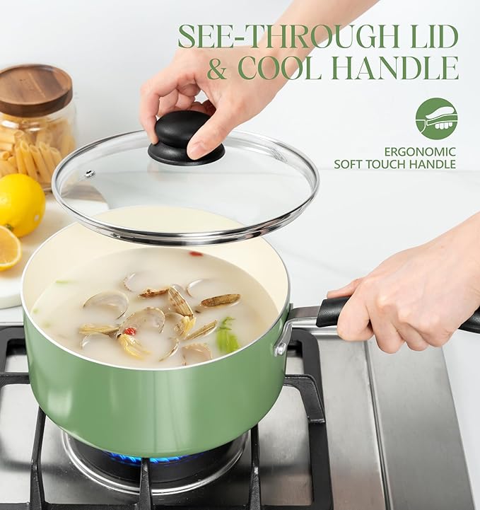MICHELANGELO Nonstick Sauce Pan with Lid, Ceramic Saucepan Set, Non Toxic Small Saucepans Sets with Stay-Cool Handle, Induction Pots For Cooking, PTFE & PFOA Free - 1Qt & 2Qt & 3Qt, Green