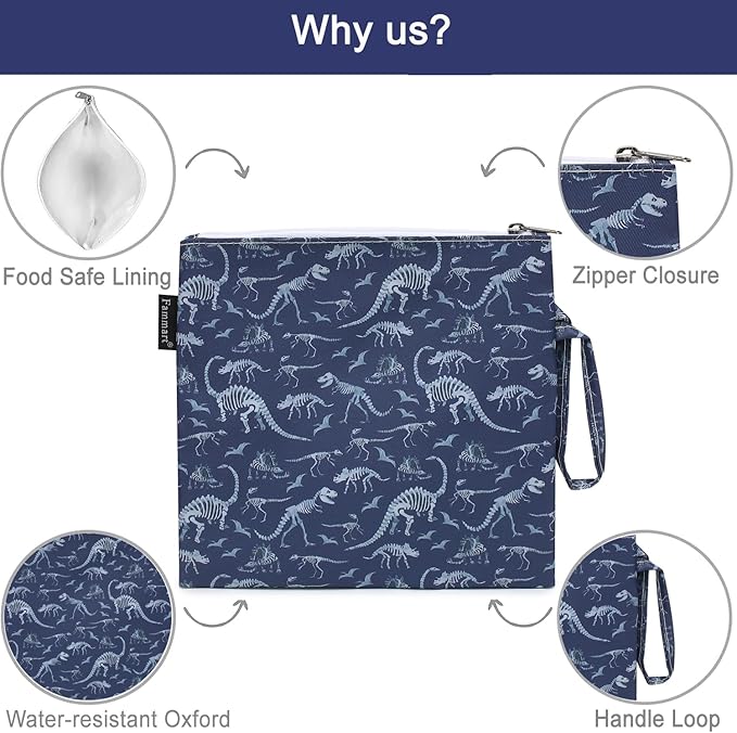 Reusable Sandwich Bag/Snack Bag for Kids & Adults, Dual Layer Lunch Bag with Handle, Washable, Food Safe, BPA Free (1-Pack, Dinosaur Fossil)