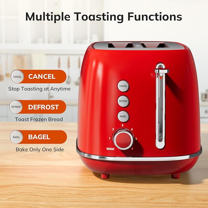 2 Slice Stainless Steel Toaster Retro with 6 Bread Shade Settings, Bagel, Cancel, Defrost Function, Extra Wide Slot, Removable Crumb Tray, Red