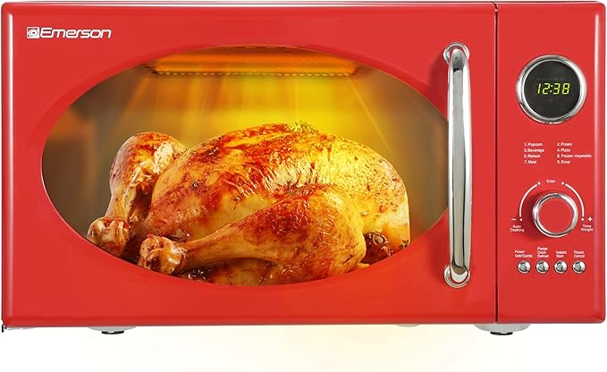 Emerson MWRG0901RD Retro Compact Countertop 800W Microwave Oven with 1,000W Grill Function, LED Display 5 Power Levels, 8 Auto Menus, Glass Turntable and Child Safe Lock, 0.9 Cu. Ft, Red