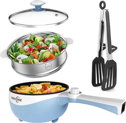 Audecook Hot Pot Electric with Steamer, 1.7L Mini Electric Skillet Portable Nonstick Sauté Pan with Power Adjustment, Ramen Cooker Travel Multicooker for Steak/Soup/Egg/Oatmeal/Noodles
