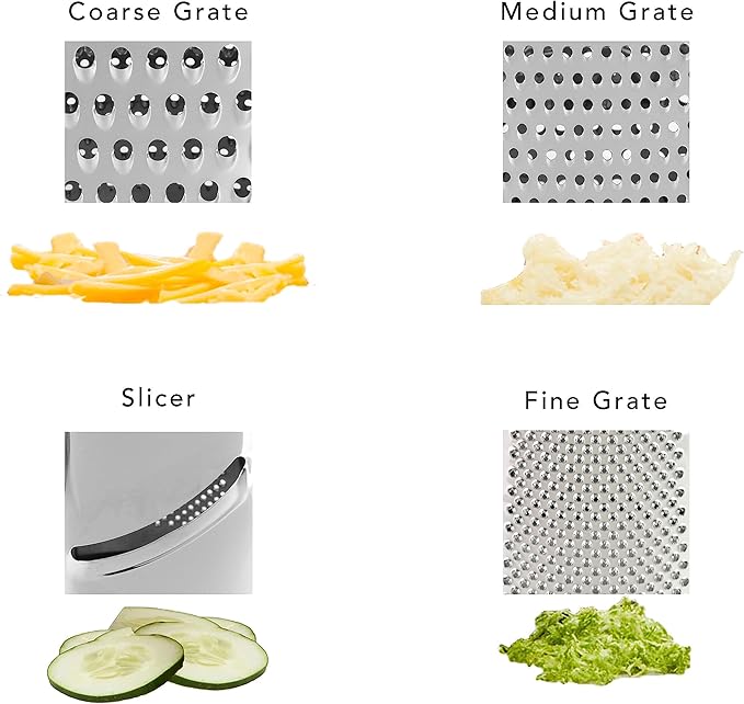 KitchenAid Gourmet 4-Sided Stainless Steel Box Grater for Fine, Medium and Coarse Grate, and Slicing, Detachable 3 Cup Storage Container and Measurment Markings, Dishwasher Safe, 10 inches tall, Black