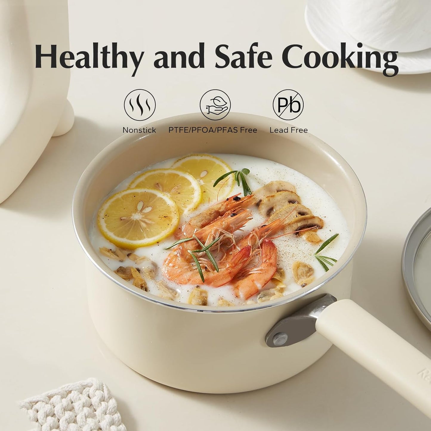 Redchef Ceramic Nonstick Saucepan with Lid, 2.5QT Small Cooking Pot, Non Toxic Sauce Pans for Kitchen, Cool Handle PFAS Free Compatible with All Cooktops, White