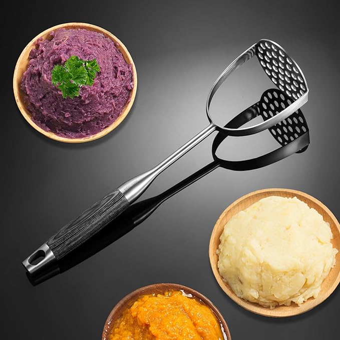 Potato Masher Stainless Steel,Wooden handle Potatoes Smasher, Manual Mashed Potato Masher Kitchen Tool for Avocado,Potatoes, Vegetables, 13.5Inch Long handle Large Heavy Duty Metal Mashing Utensil
