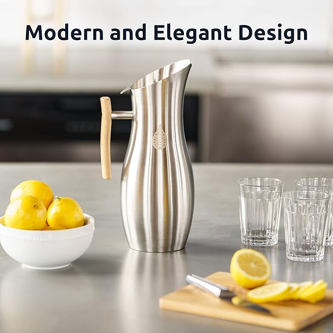 Invigorated Living Stainless Steel Water Pitcher with Lid, Ice Guard, Wooden Handle, Ideal for Cold and Fruit Infused Water (1.9L, No Filter)