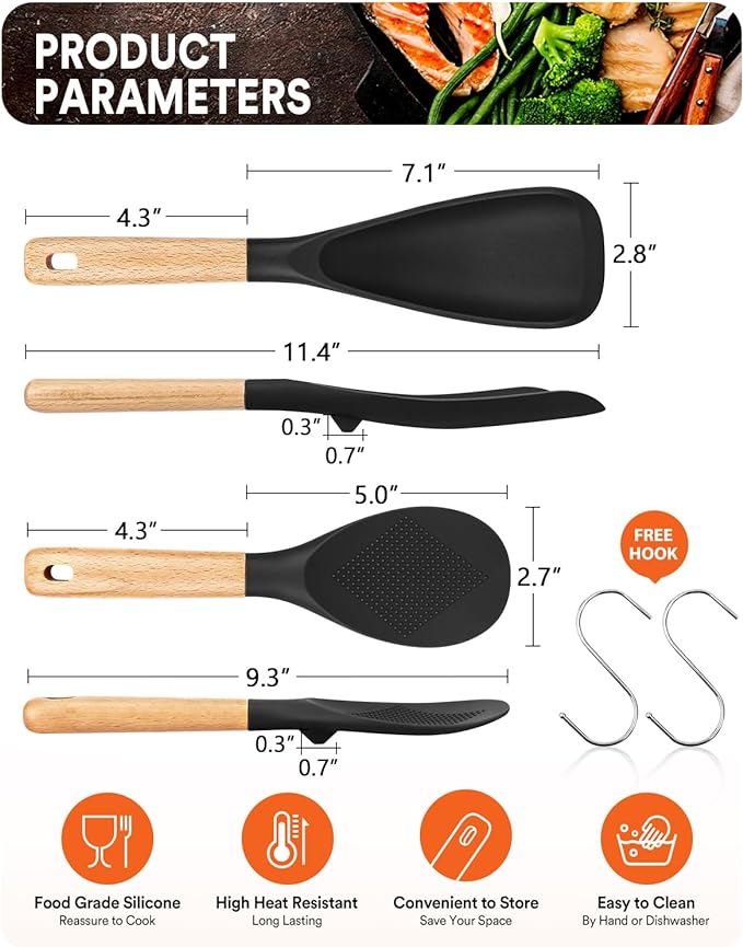 Cooking Spoon and Rice Scooper for Nonstick Cookwares, Great for Cooking and Serving Sturdy BPA-Free Matte Silicone, Wood Handle Spoon for Mixing, Scoop, and Scrape (Black)