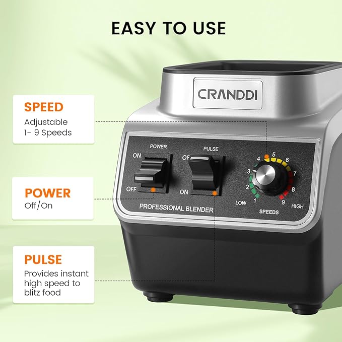 CRANDDI Professional Commercial Blender for Kitchen with Max 1500W High Power, 80oz Large Capacity Blender with Tamper for Crushing Ice, Chopping, Grinding, Making Smoothies, K96 Black