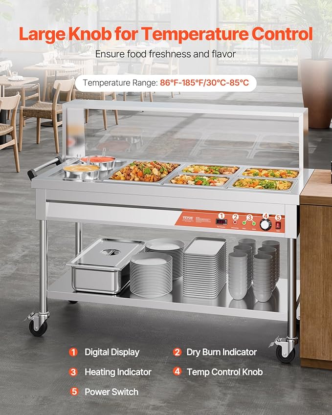 VEVOR Commercial Food Warmer, 5 Pans + 2 Pots Electric Steam Table, 1800W Professional Buffet Catering Food Warmer with Shield Undershelf Wheels, Stainless Steel Server for Party Restaurant Hotel