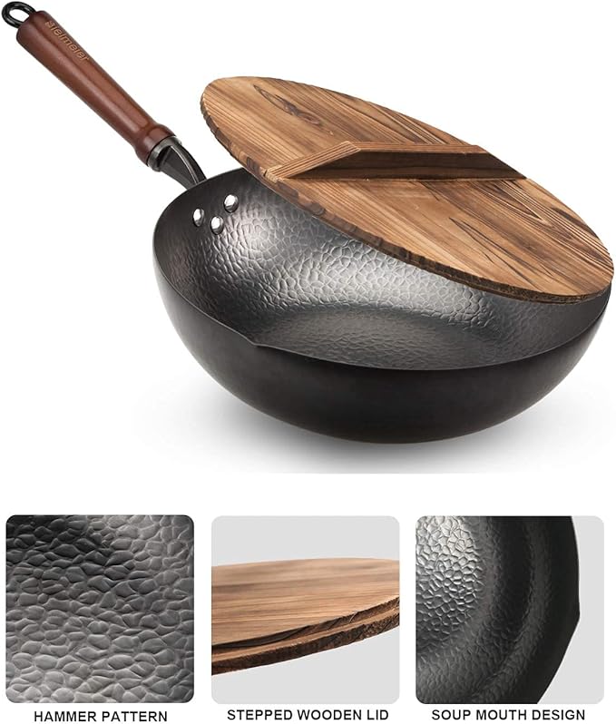Wok Pan 12.5", Stir Fry Pan with Lid, Gloves & Cookware Accessories, Carbon Steel, Suitable for All Stoves (Flat Bottom)