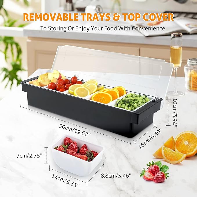 WICHEMI Fruit, Veggie & Condiment Caddy with Lid Dispenser Tray Plastic Garnish Station for Bartending & Serving Taco, Ice Cream, Salad Bar - Topping Organizer for Restaurant Supplies (5 Compartment)