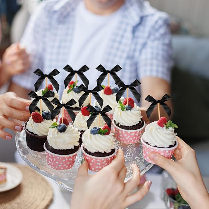Black Bow Cupcake Toppers, 40 Pcs Bow Cake Topper Birthday Decorations Bowknot Cupcake Picks for Coquette Theme Party Decoration Bachelorette Bridal Engagement Wedding Baby Shower Party Decor