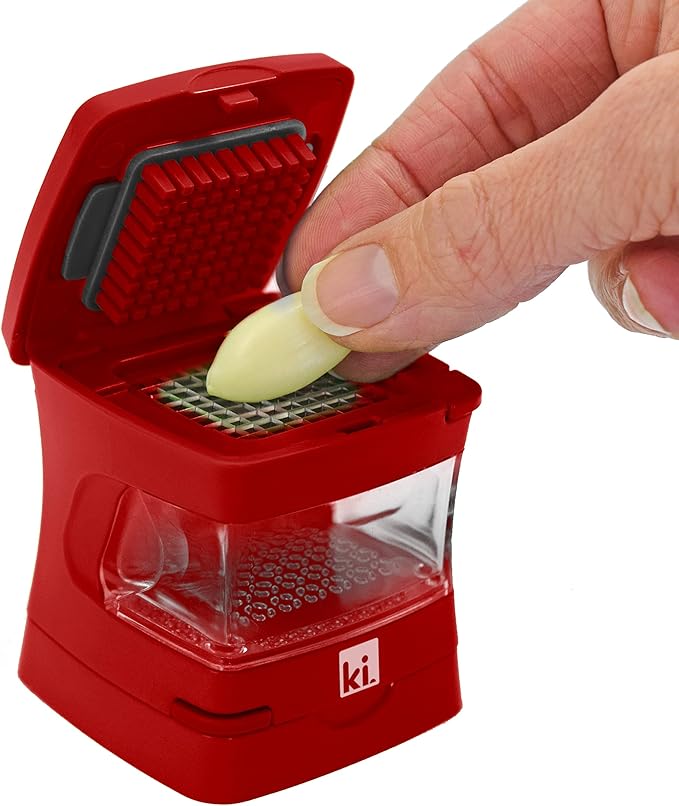 Garlic-A-Peel Garlic Press, Crusher, Cutter, Mincer, and Storage Container - Includes Silicone Garlic Peeler - Easy to Clean - Stainless Steel Blades – (Red), standard