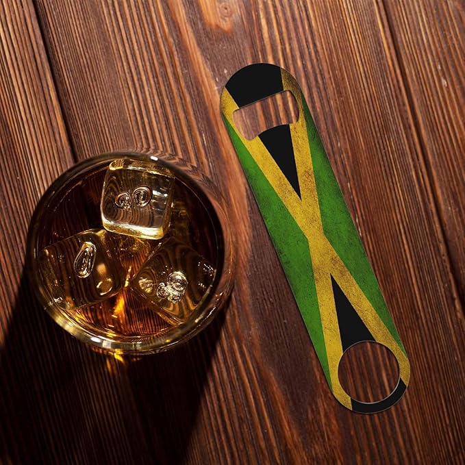 Jamaican Flag Stainless Steel Bottle Opener Vintage Geometry Texture Design Black Green Triangle Gold Stripe Flat Beer Bottle Opener Keychain for Home Kitchen Bar Restaurant Party Gift