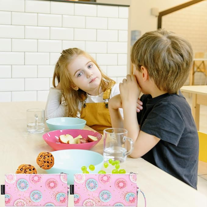 Reusable Sandwich Bag/Snack Bag for Kids & Adults, Dual Layer Lunch Bag with Handle, Washable, Food Safe, BPA Free (2-Pack, Colorful Donut)