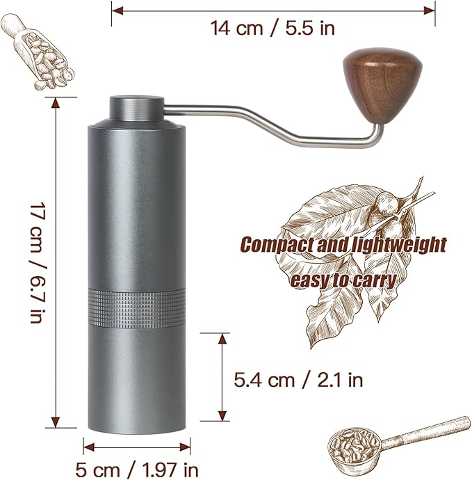 Manual Coffee Grinder - Precision CNC Stainless Steel Burr Grinder with Adjustable Settings, Grey Blue, Double Bearings for Smooth Grinding - Ideal for Home, Office, and Camping Espresso Enthusiasts