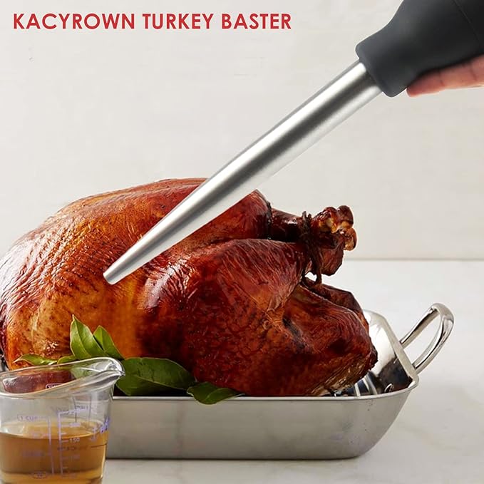 KAYCROWN Stainless Steel Turkey Baster Commercial Grade Quality Rubber Bulb Including 2 Marinade Injector Needles and Brush for Easy Clean Up