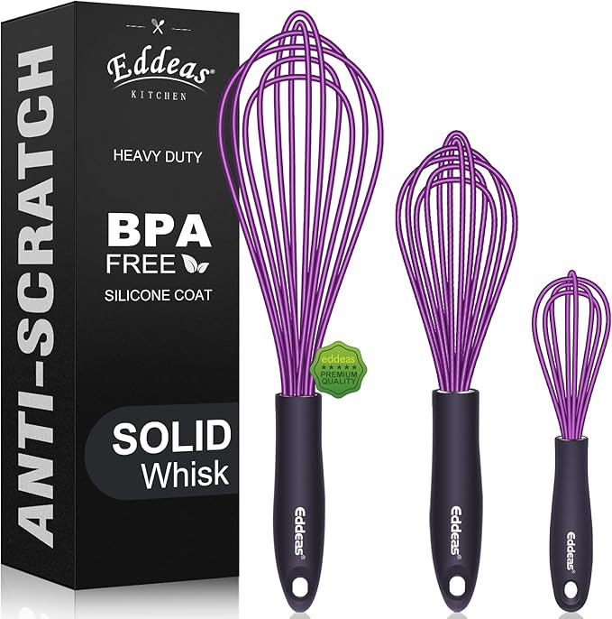 Silicone Whisk, Eddeas Whisk Non-Scratch Coated Whisks set of 3-Heat Resistant(450°F) Kitchen Wisk, Balloon Egg whisk Perfect for Blending, Whisking, Beating & Stirring, Purple
