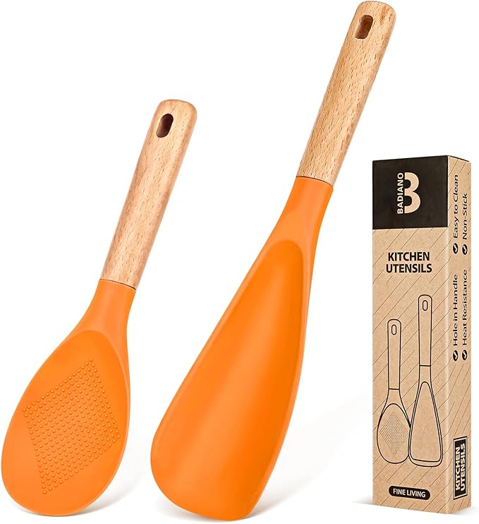 Cooking Spoon and Rice Scooper for Nonstick Cookwares, Great for Cooking and Serving Sturdy BPA-Free Matte Silicone, Wood Handle Spoon for Mixing, Scoop, and Scrape (ORANGE)